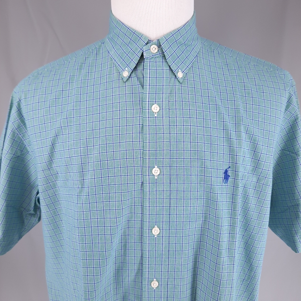 Ralph Lauren Checkered Shirt Men's Size Large Blake Plaid Blue Pony Short Sleeve